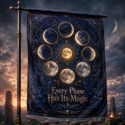 Moon Phase Wheel house flag with lunar phases diagram, Every Phase Has Its Magic pagan design