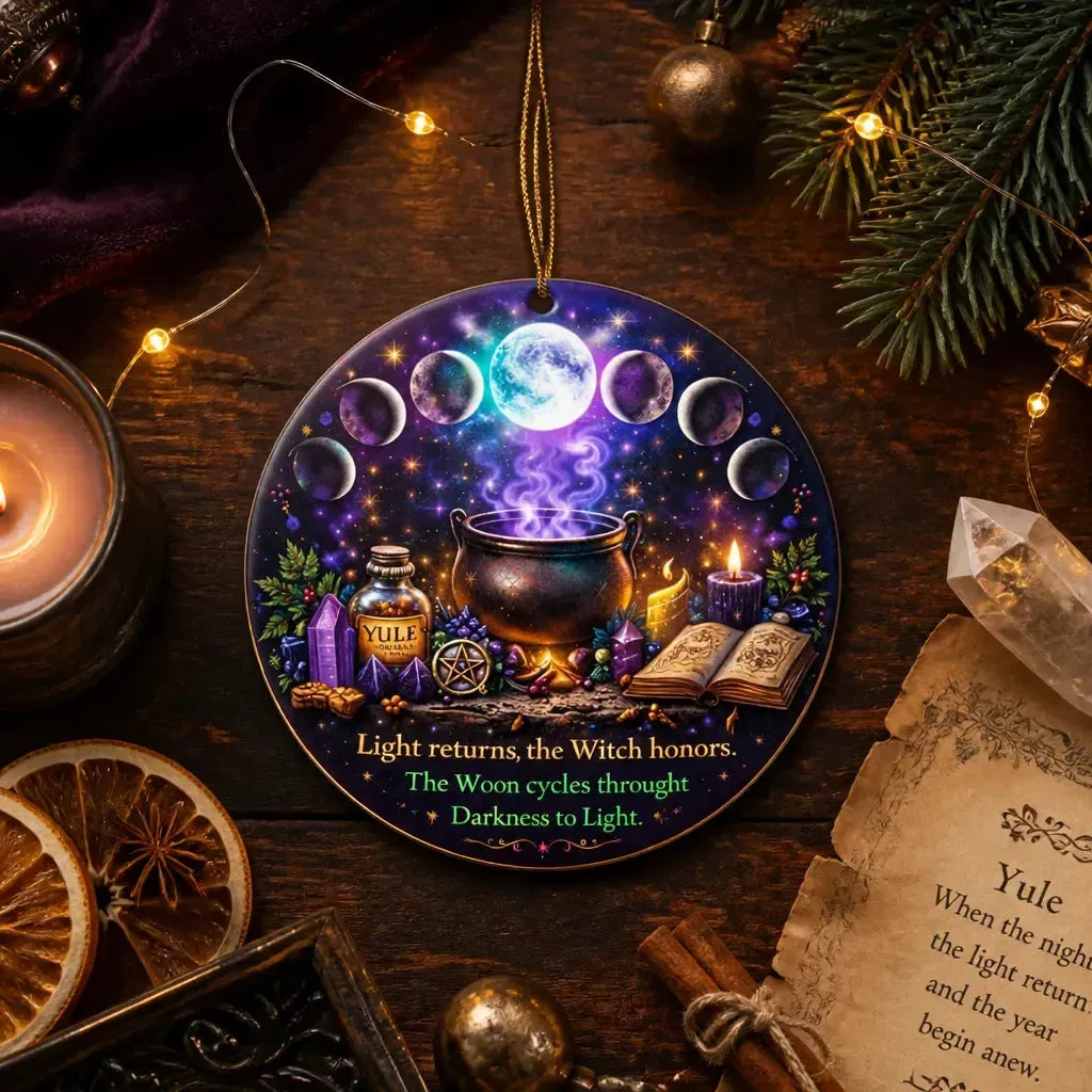 Moon Phase Wicca Pagan Yule Ceramic Ornament – Christmas Tree Decor_mockup_3.webp