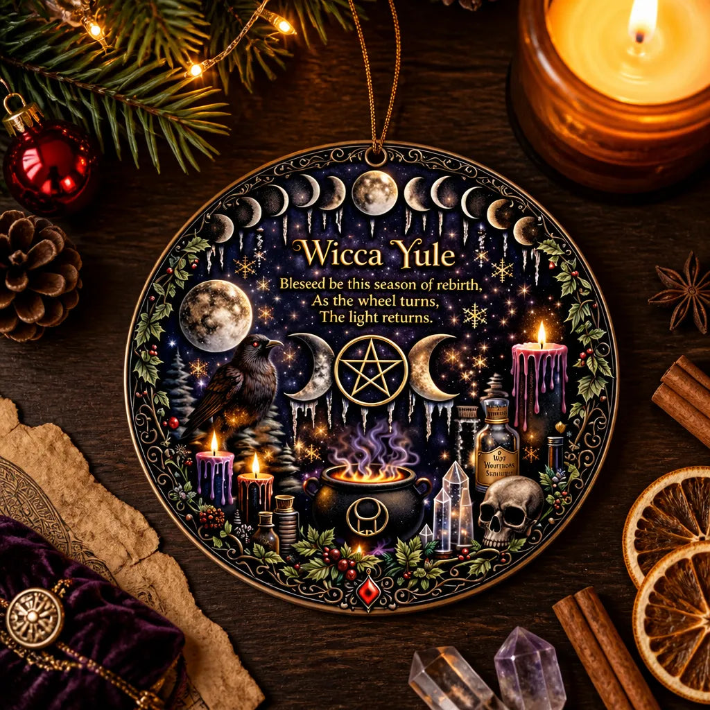 Moon Phase Wicca Yule Ceramic Ornament for Witch Christmas Decor - Gothic Christmas Ornament_mockup_3.webp