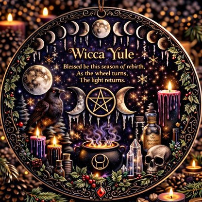 Round ceramic Wicca Yule ornament with moon phases, raven, pentacle, cauldron, candles, and skull.
