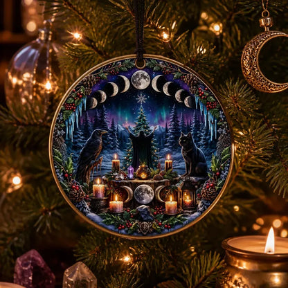 Moon Phase Wicca Yule Ceramic Ornament with Raven, Black Cat – Pagan Yule Decoration_mockup_1.webp