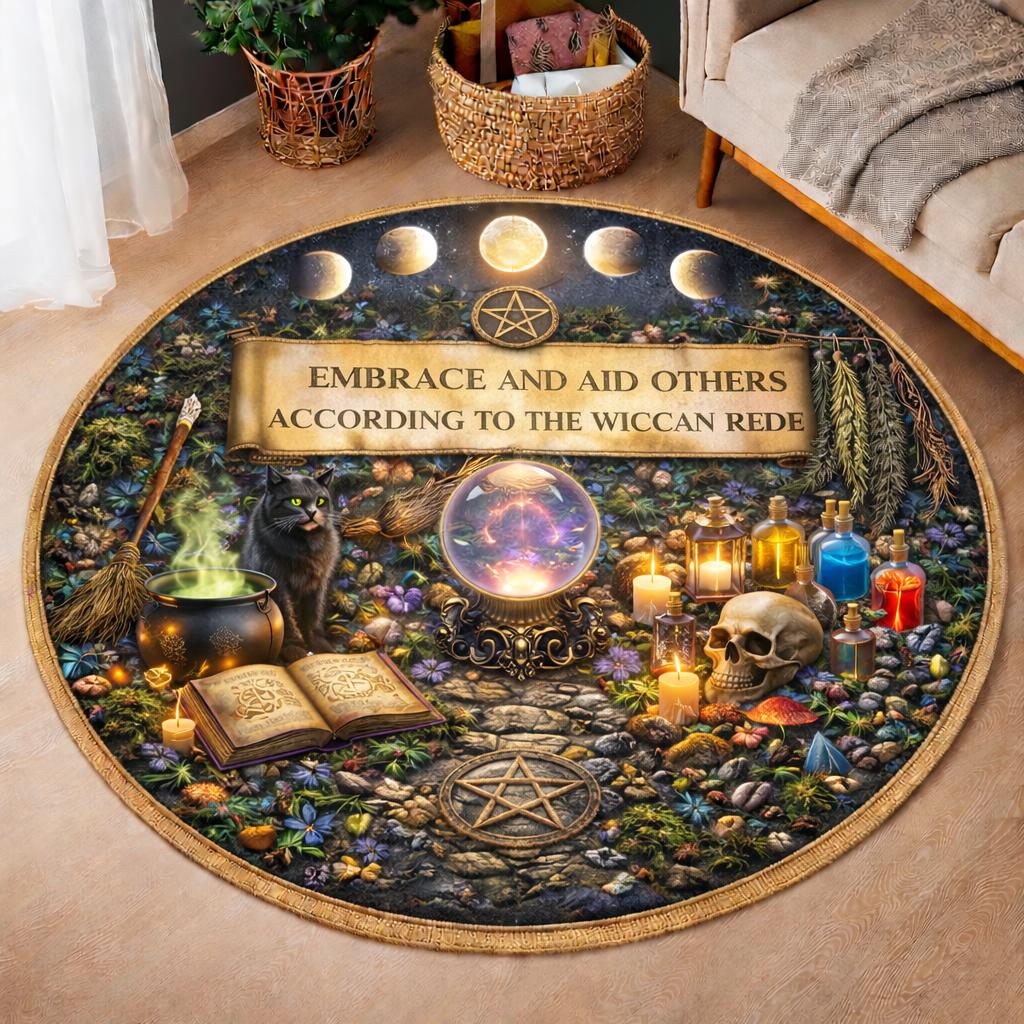 Round Wiccan Rede rug with moon phases, pentacle, black cat, cauldron, skull, and magic items.