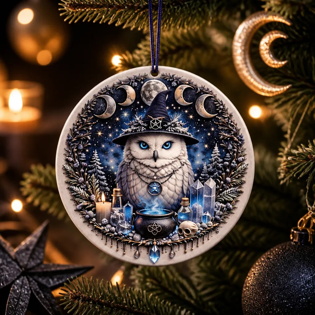 Moon Phase & Winter Owl Witchy Christmas Ceramic Ornament – Wicca Yule Ornament_mockup_1.webp