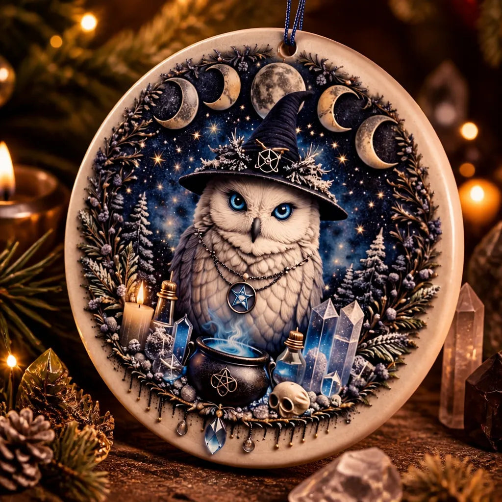 Moon Phase & Winter Owl Witchy Christmas Ceramic Ornament – Wicca Yule Ornament_mockup_2.webp
