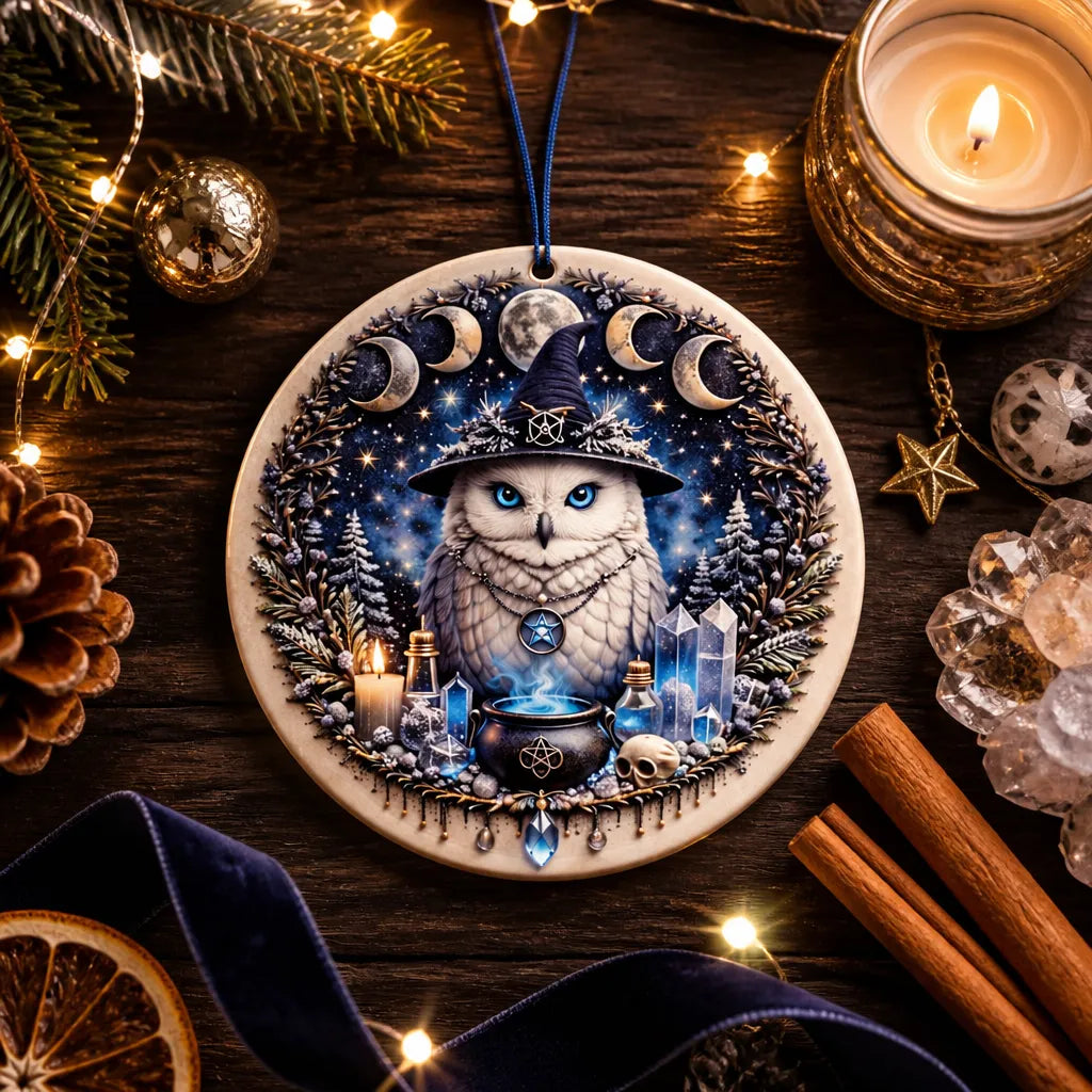 Moon Phase & Winter Owl Witchy Christmas Ceramic Ornament – Wicca Yule Ornament_mockup_3.webp