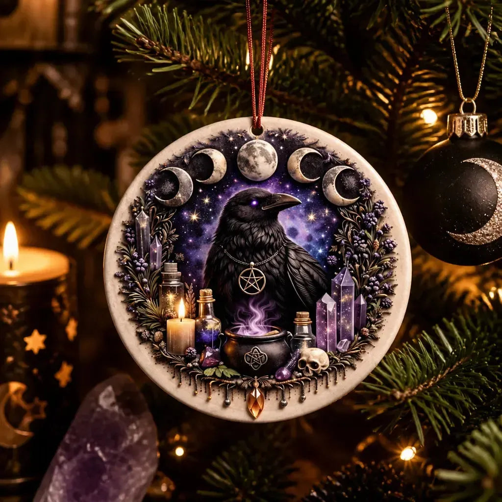 Moon Phase and Wiccan Raven Yule Ceramic Ornament – Witchy Crow Christmas Tree Decor_mockup_1.webp