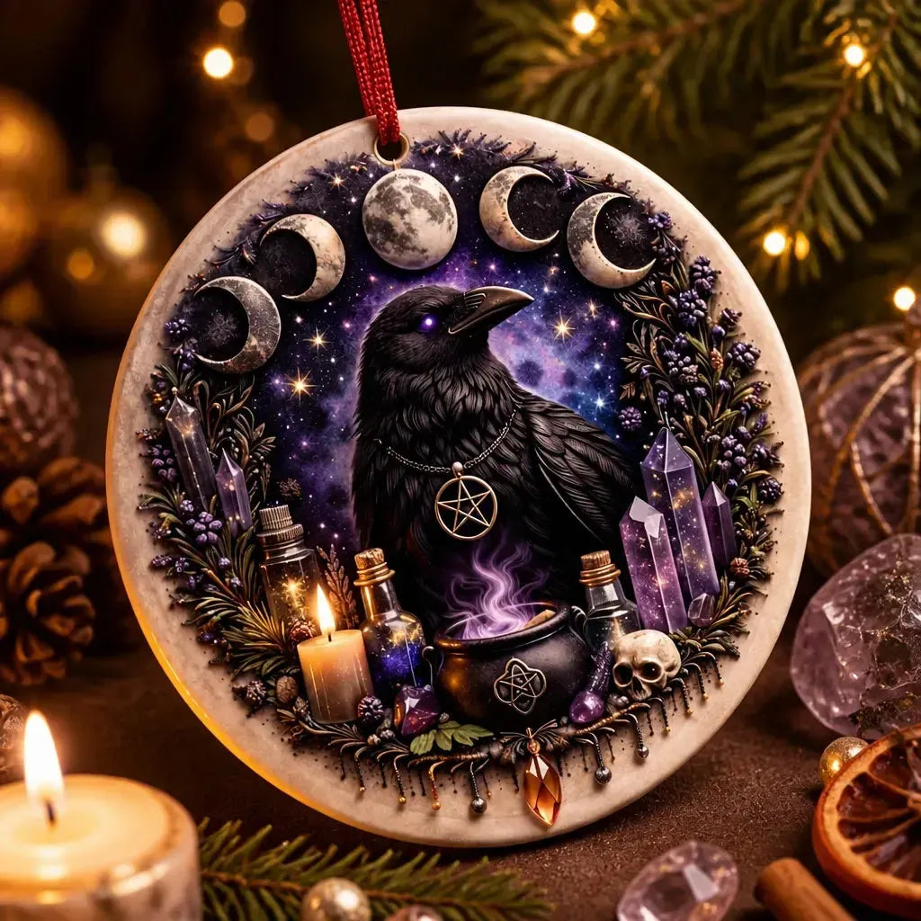 Moon Phase and Wiccan Raven Yule Ceramic Ornament – Witchy Crow Christmas Tree Decor_mockup_2.webp