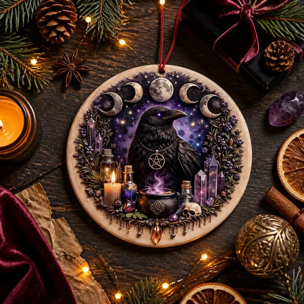 Moon Phase and Wiccan Raven Yule Ceramic Ornament – Witchy Crow Christmas Tree Decor_mockup_3.webp