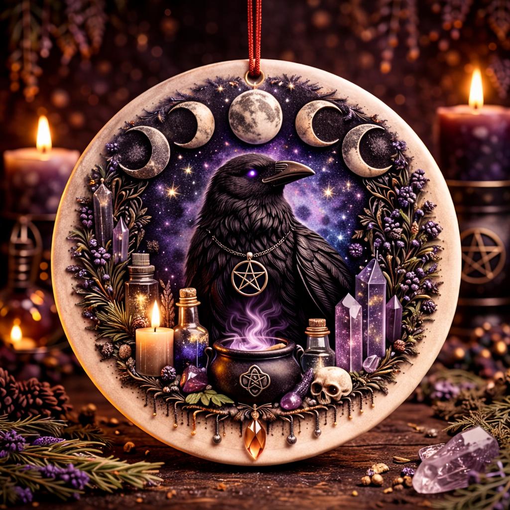 Wiccan raven and moon phase ceramic ornament with purple crystals, candles, and mystical elements.
