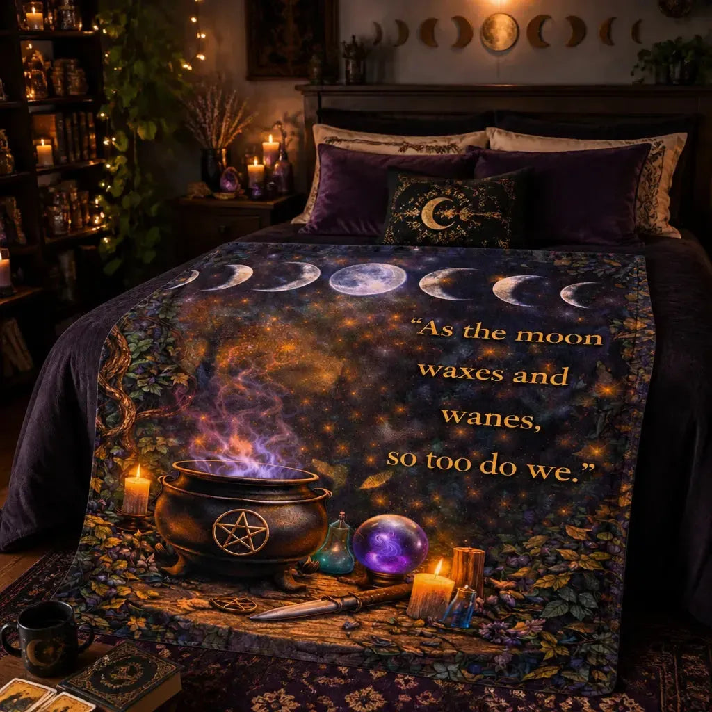 Moon Phase and Witchy Cauldron Witchcraft Blanket for Wiccan Home Decor_mockup_1.webp