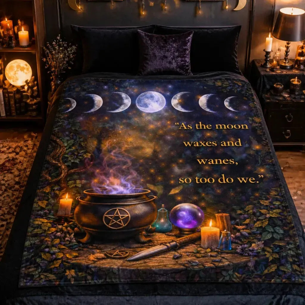 Moon Phase and Witchy Cauldron Witchcraft Blanket for Wiccan Home Decor_mockup_2.webp