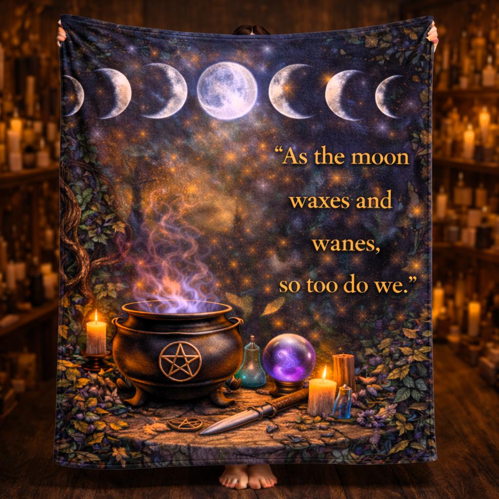 Moon Phase and Witchy Cauldron Witchcraft Blanket for Wiccan Home Decor-MoonChildWorld
