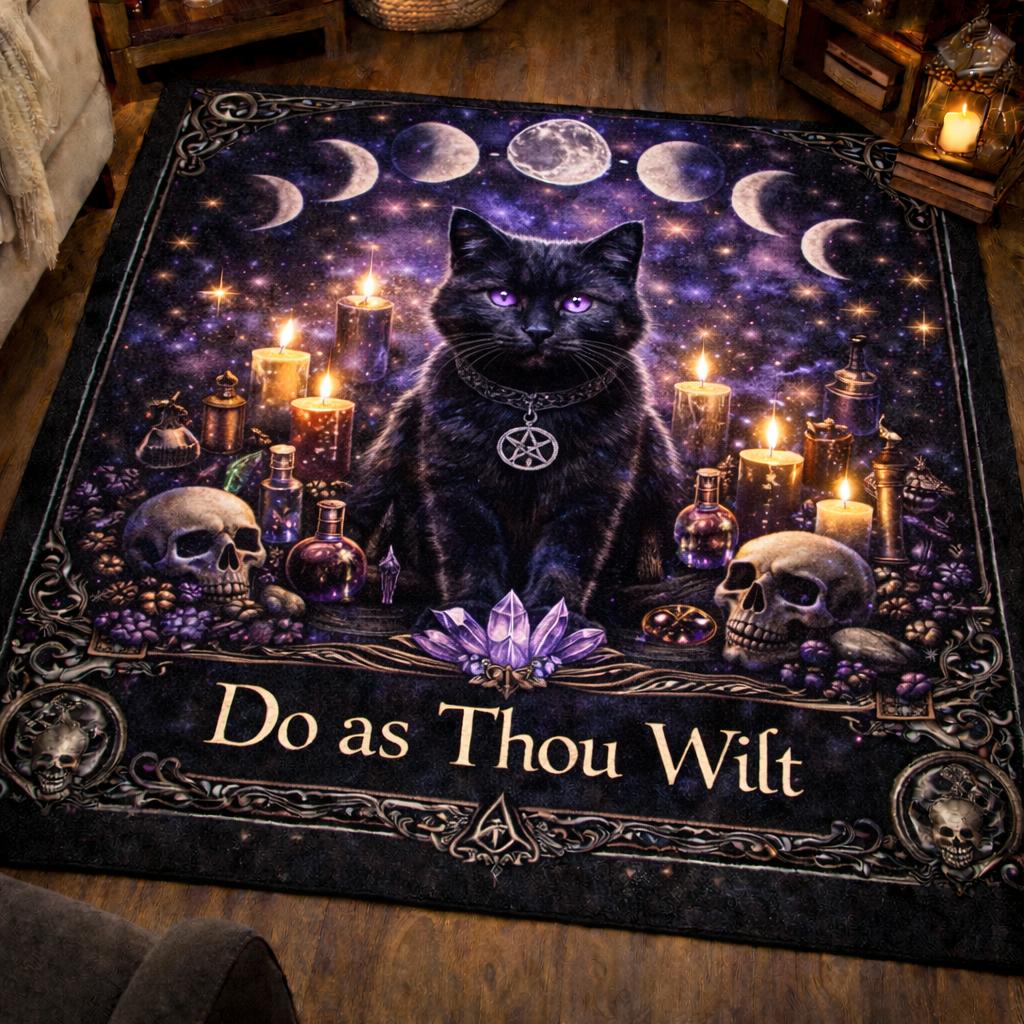 Moon Phases Black Cat Witchy Area Rug – Wicca Pagan Carpet for Spiritual Decor-MoonChildWorld