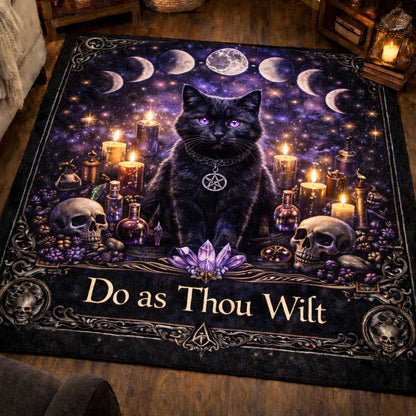 Black cat witchy area rug with moon phases, candles, skulls, and "Do as Thou Wilt" text.