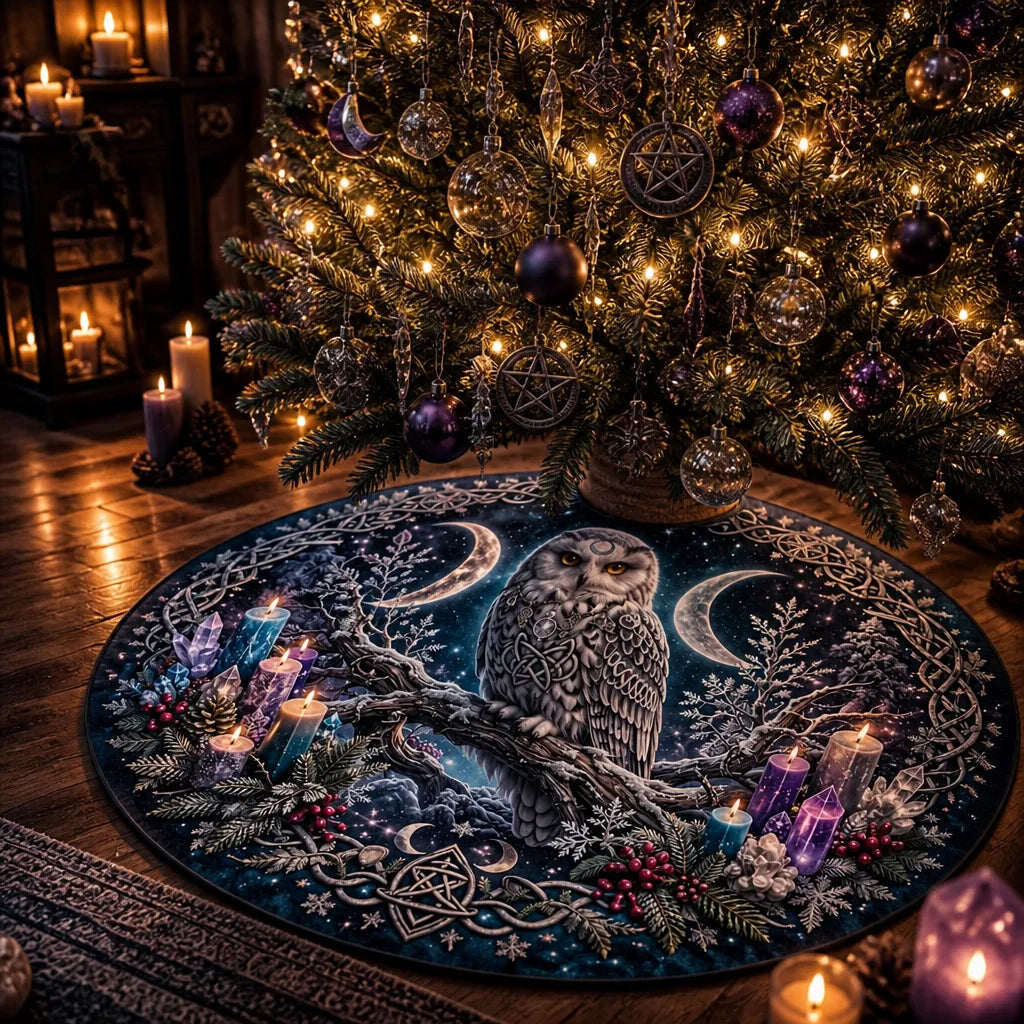 Moon Phases Celtic Owl Yule Tree Skirt – Pagan Witch Gothic Decor_mockup_2.webp