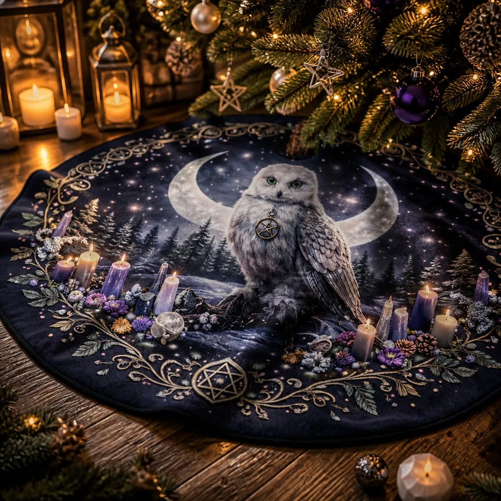 Moon Phases Celtic Owl Yule Tree Skirt – Pagan Witchy Gothic Decor_mockup_3.webp