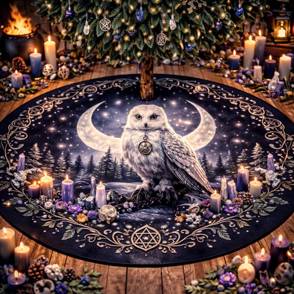 Dark Gothic velvet tree skirt with a white owl, moon phases, forest, and pentacle design.