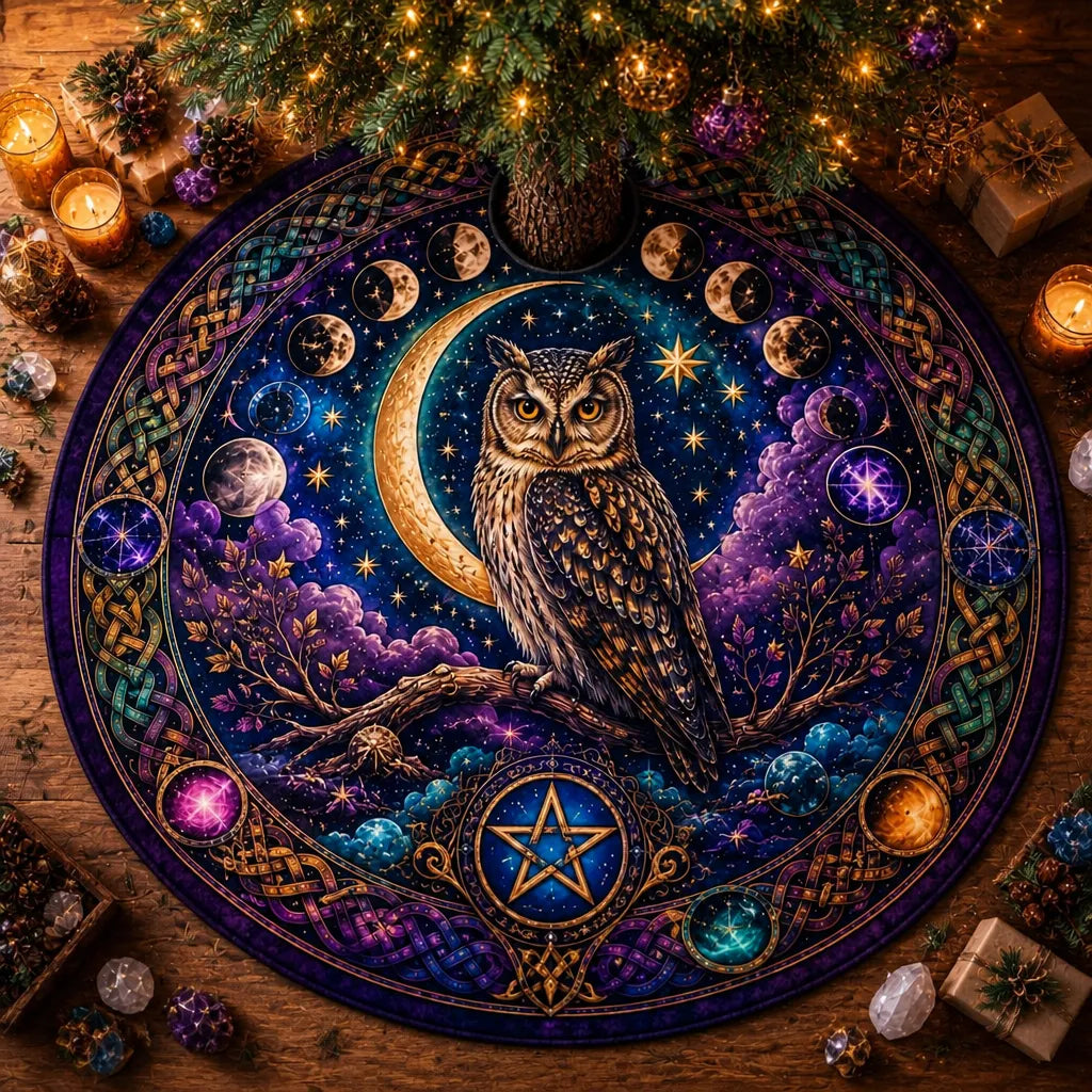 Moon Phases Celtic Owl Yule Tree Skirt – Wicca Witchy Decor_mockup_1.webp