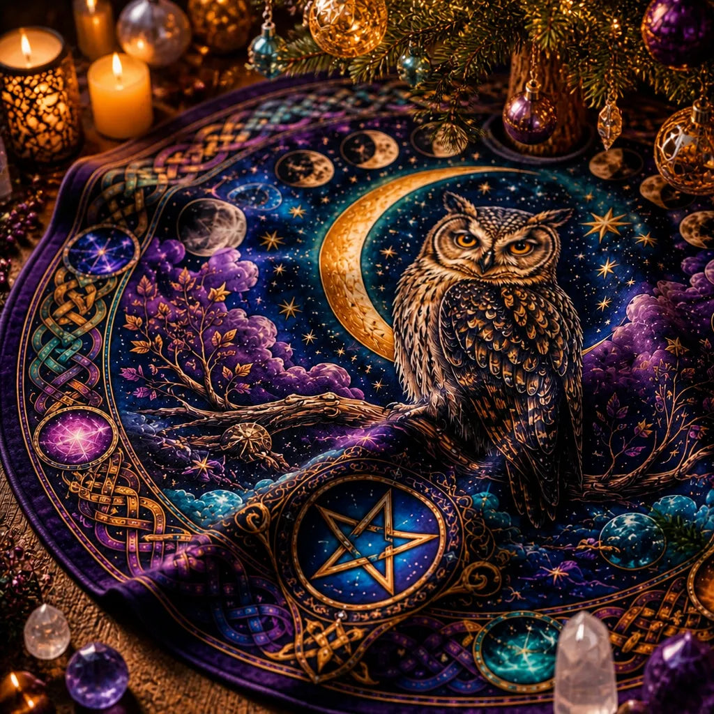 Moon Phases Celtic Owl Yule Tree Skirt – Wicca Witchy Decor_mockup_3.webp