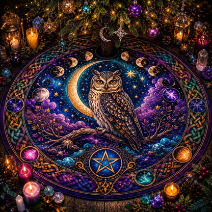 Decorative christmas tree skirt with an owl, moon, and star design, surrounded by candles and crystals.