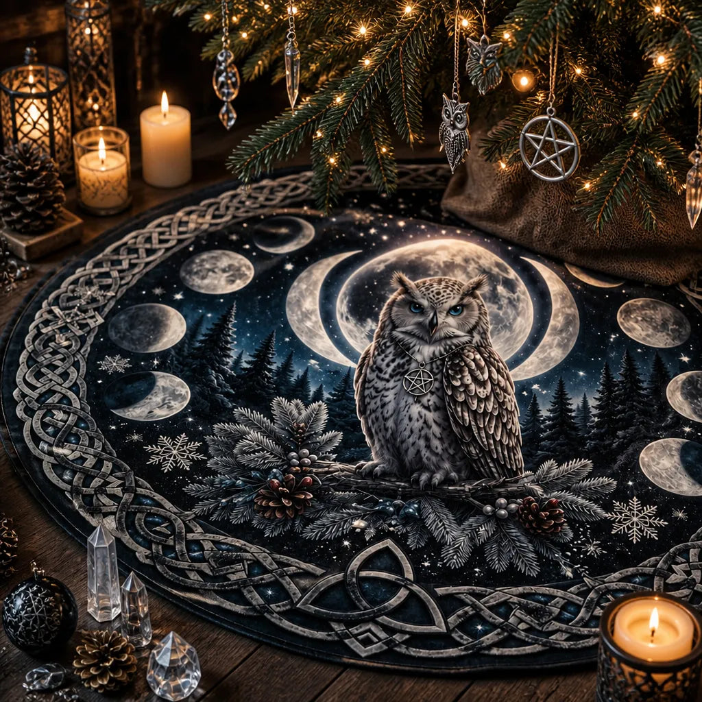 Moon Phases Celtic Snow Yule Tree Skirt – Pagan Witchy Gothic Decor_mockup_3.webp