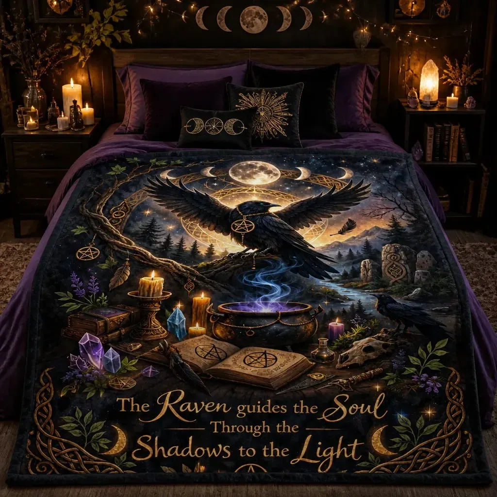 Moon Phases & Dark Crow Witchy Blanket - Wiccan Raven Gothic Blanket for Witch Home Decor_mockup_1.webp