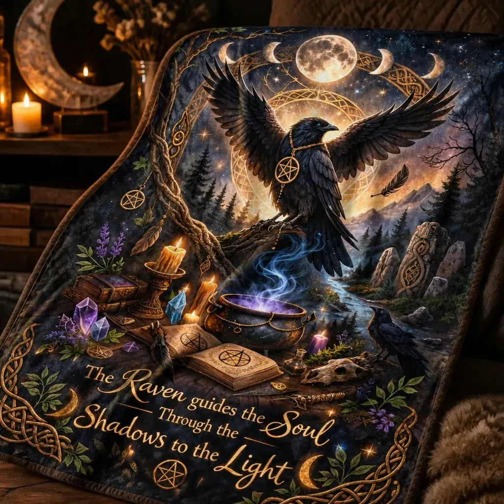 Moon Phases & Dark Crow Witchy Blanket - Wiccan Raven Gothic Blanket for Witch Home Decor_mockup_3.webp