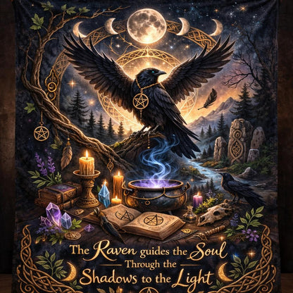 Witchy blanket with a black raven, moon phases, pentacles, candles, and mystical forest scene.