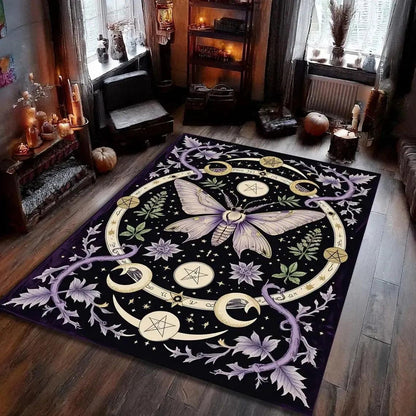 Moon Phases Gothic Moth Rug Witchy Butterfly Carpet-MoonChildWorld