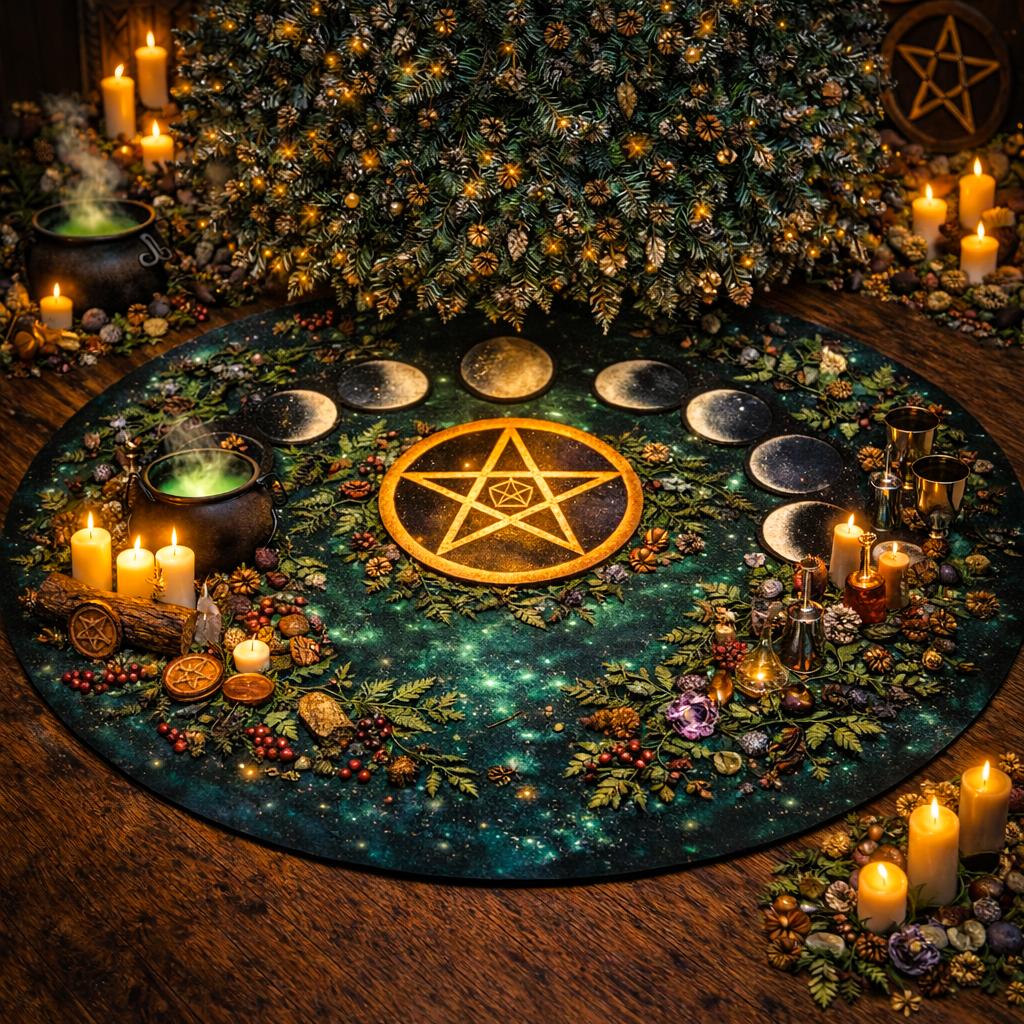 Dark green velvet tree skirt with glowing pentacle, moon phases, and Yule decor under a festive tree.