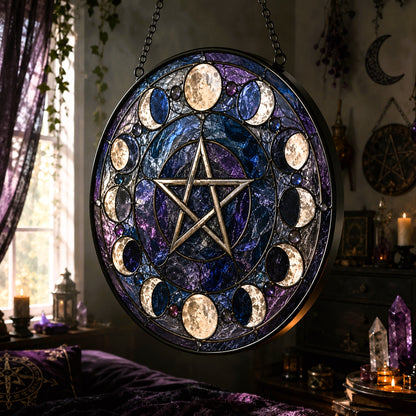 Moon Phases Pentacle Pagan Glass Suncatcher - close up detail