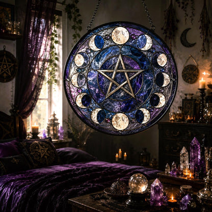 Moon Phases Pentacle Pagan Glass Suncatcher - sunlight glow
