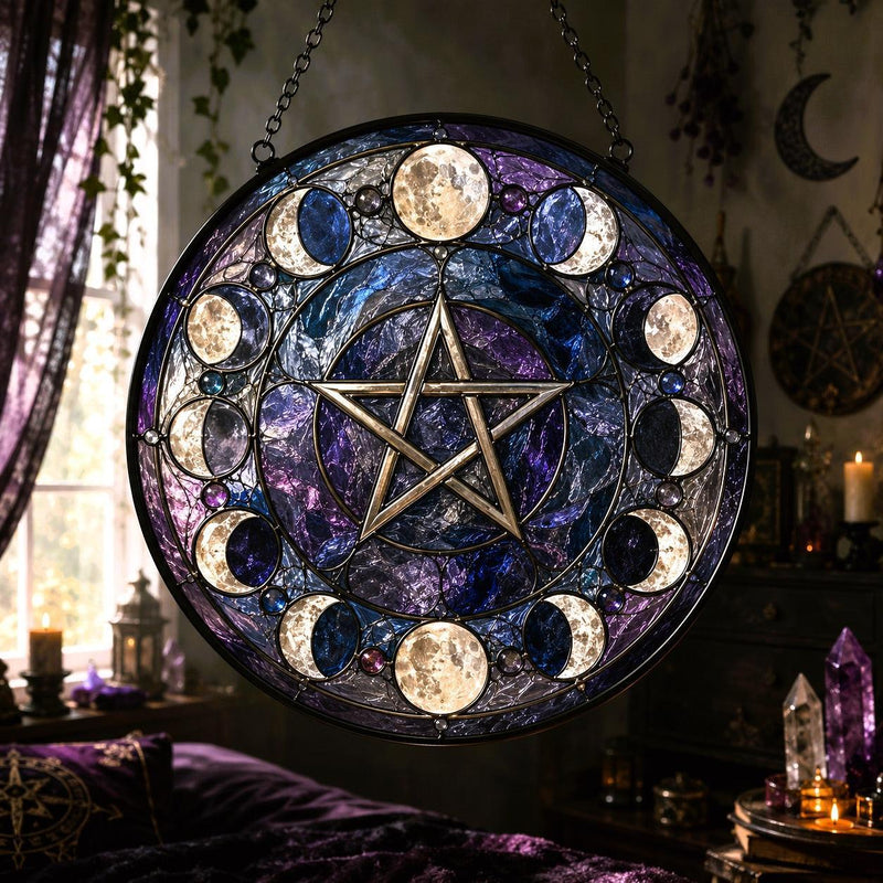 Moon Phases Pentacle Pagan Glass Suncatcher - window display