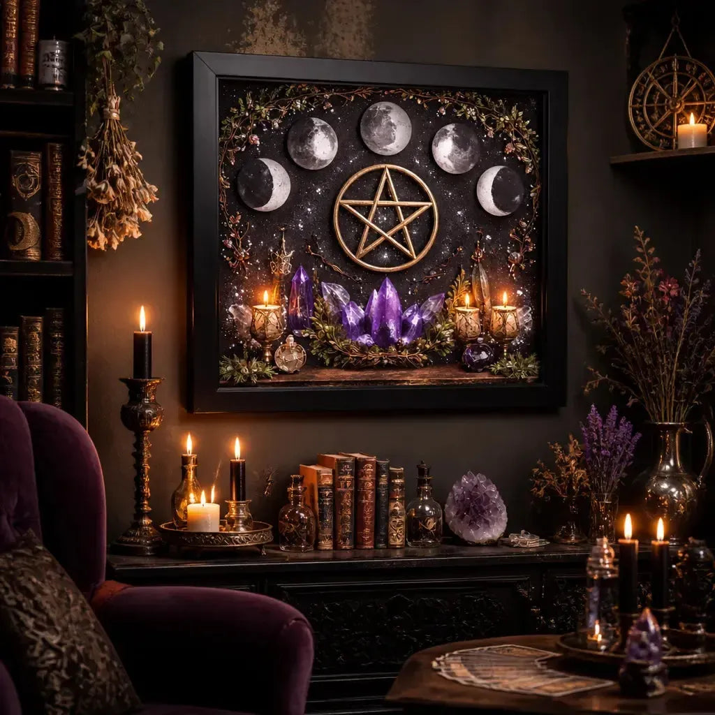 Moon Phases Pentacle Wicca Black Framed Wall Art - Pagan Canvas for Altar & Spiritual Space_mockup_1.webp