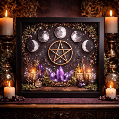 Moon Phases Pentacle Wicca Black Framed Wall Art - Pagan Canvas for Altar & Spiritual Space-MoonChildWorld