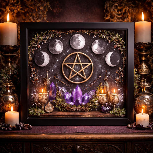 Black framed wall art with gold pentacle, moon phases, purple crystals, and candles.