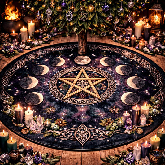 Dark velvet Yule tree skirt with golden pentagram, moon phases, and celestial design under a lit Christmas tree.