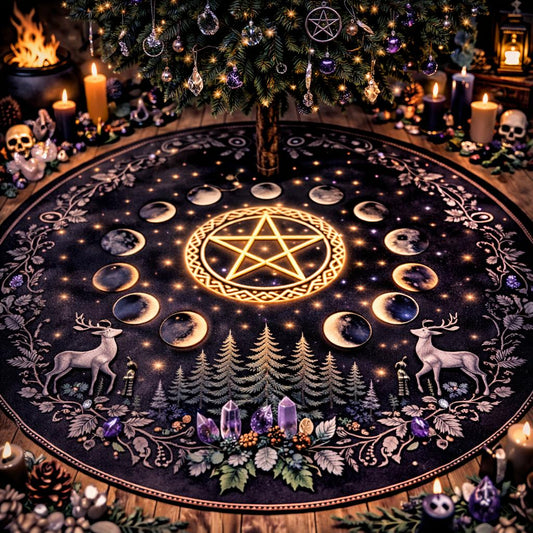 Dark Night Moon Phases Pentagram Christmas Tree Skirt, black velvet with glowing pentagram, moon phases, and deer.
