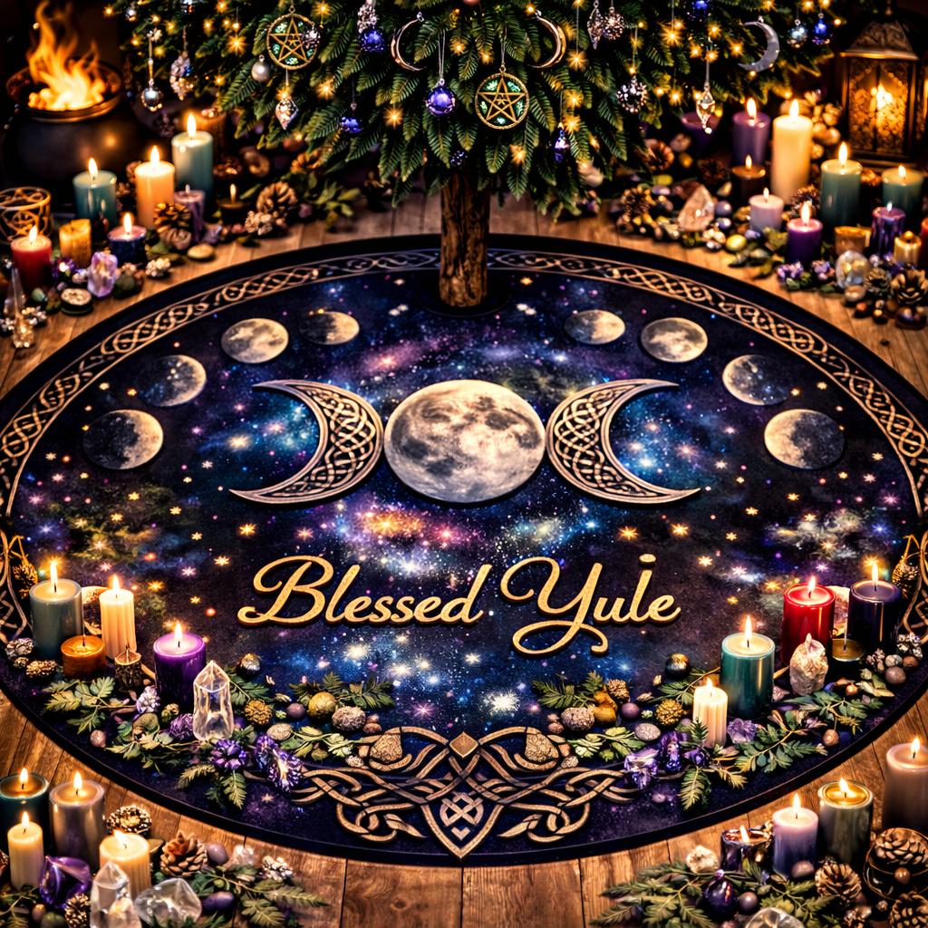 Dark velvet Yule tree skirt with "Blessed Yule" text, triple moon, cosmic background, and Celtic knot border.