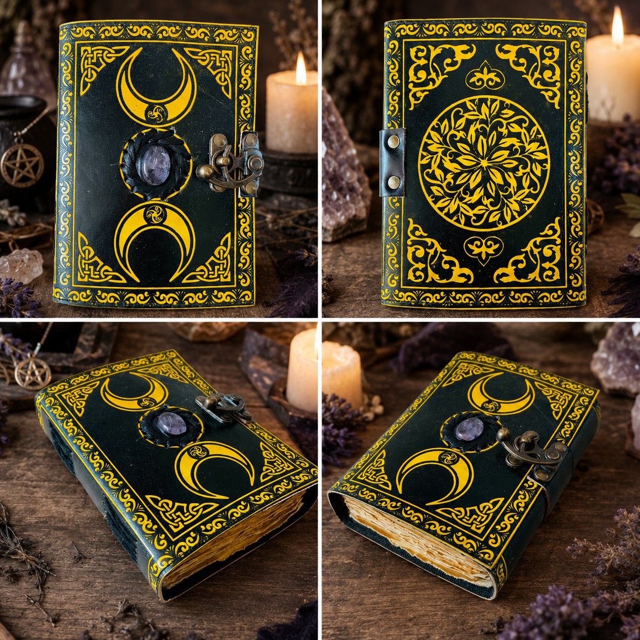 Moon Phases Stone Leather Journal – Handmade Pagan Grimoire Sketchbook – leather journal, back cover view