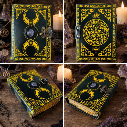 Moon Phases Stone Leather Journal – Handmade Pagan Grimoire Sketchbook – leather journal, back cover view