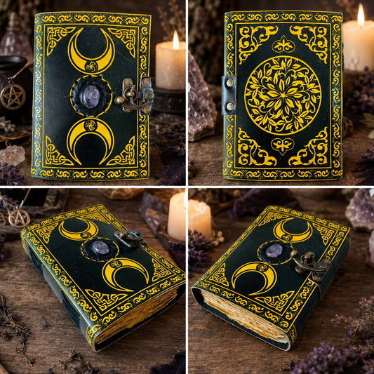 Moon Phases Stone Leather Journal – Handmade Pagan Grimoire Sketchbook – leather journal, back cover view