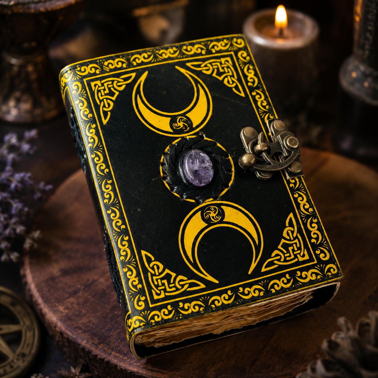 Moon Phases Stone Leather Journal – Handmade Pagan Grimoire Sketchbook – leather journal, open blank pages view