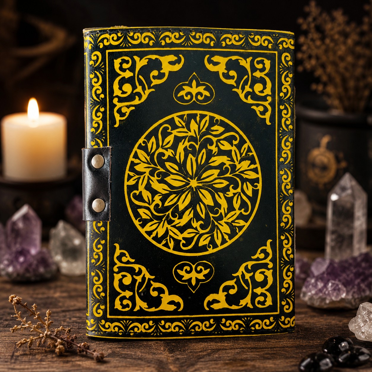 Moon Phases Stone Leather Journal – Handmade Pagan Grimoire Sketchbook – leather journal, close-up cover detail