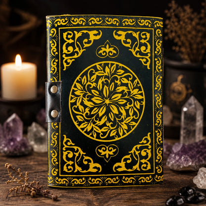 Moon Phases Stone Leather Journal – Handmade Pagan Grimoire Sketchbook – leather journal, close-up cover detail
