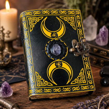 Moon Phases Stone Leather Journal – Handmade Pagan Grimoire Sketchbook – leather journal, front cover view