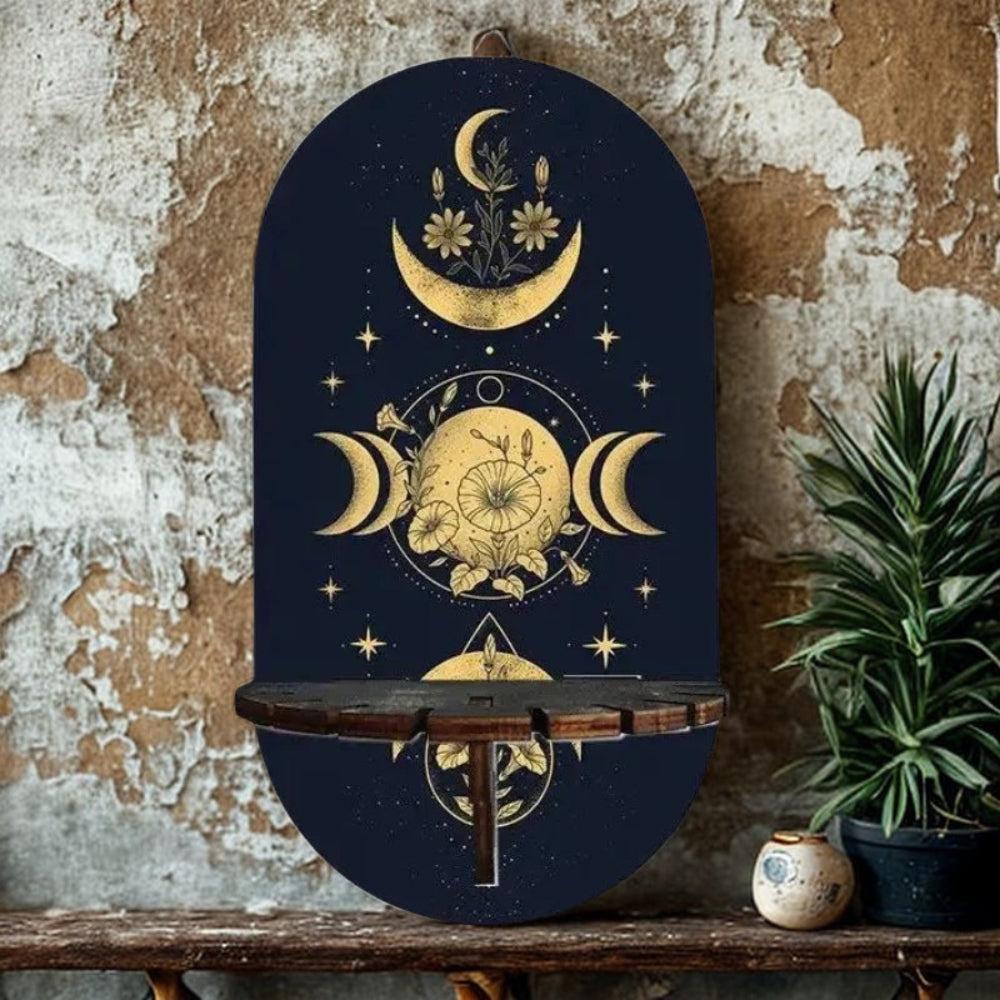 Moon Phases Wicca Wall Shelf for Crystals & Candles – Wooden Witchy Floating Shelf Pagan Altar Decor-MoonChildWorld