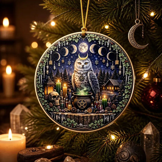 Moon Phases Winter Owl Pagan Yule Ceramic Ornament – Wiccan Christmas Tree Decor_mockup_1.webp