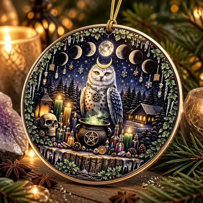 Moon Phases Winter Owl Pagan Yule Ceramic Ornament – Wiccan Christmas Tree Decor_mockup_2.webp