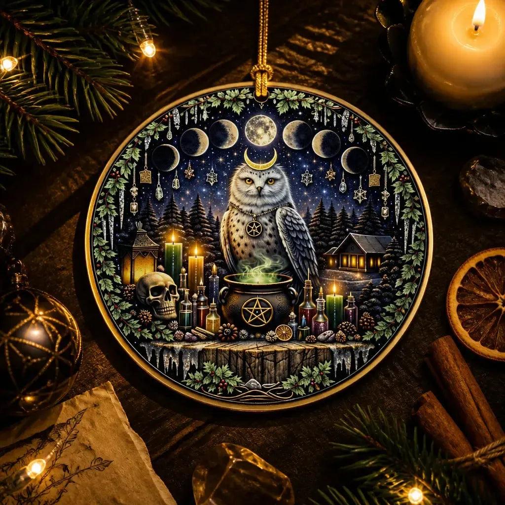Moon Phases Winter Owl Pagan Yule Ceramic Ornament – Wiccan Christmas Tree Decor_mockup_3.webp